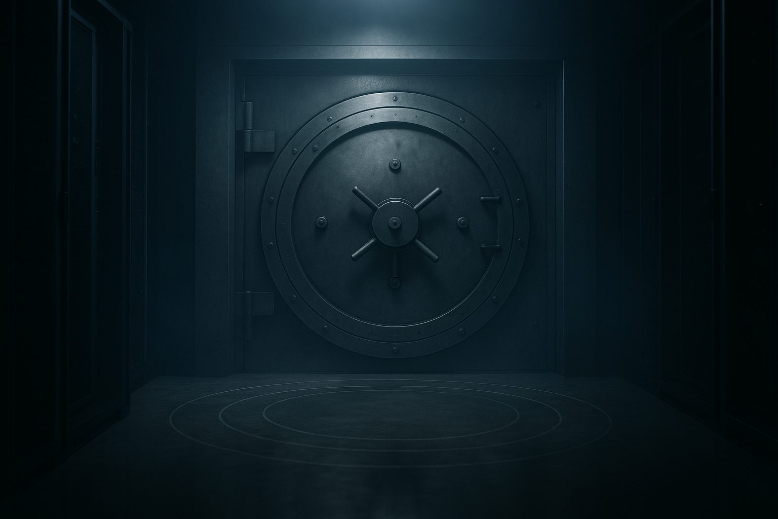 Concentric shockwave rings radiating from a vault blast-door across a dark data-center floor — the blast radius of an AI agent action