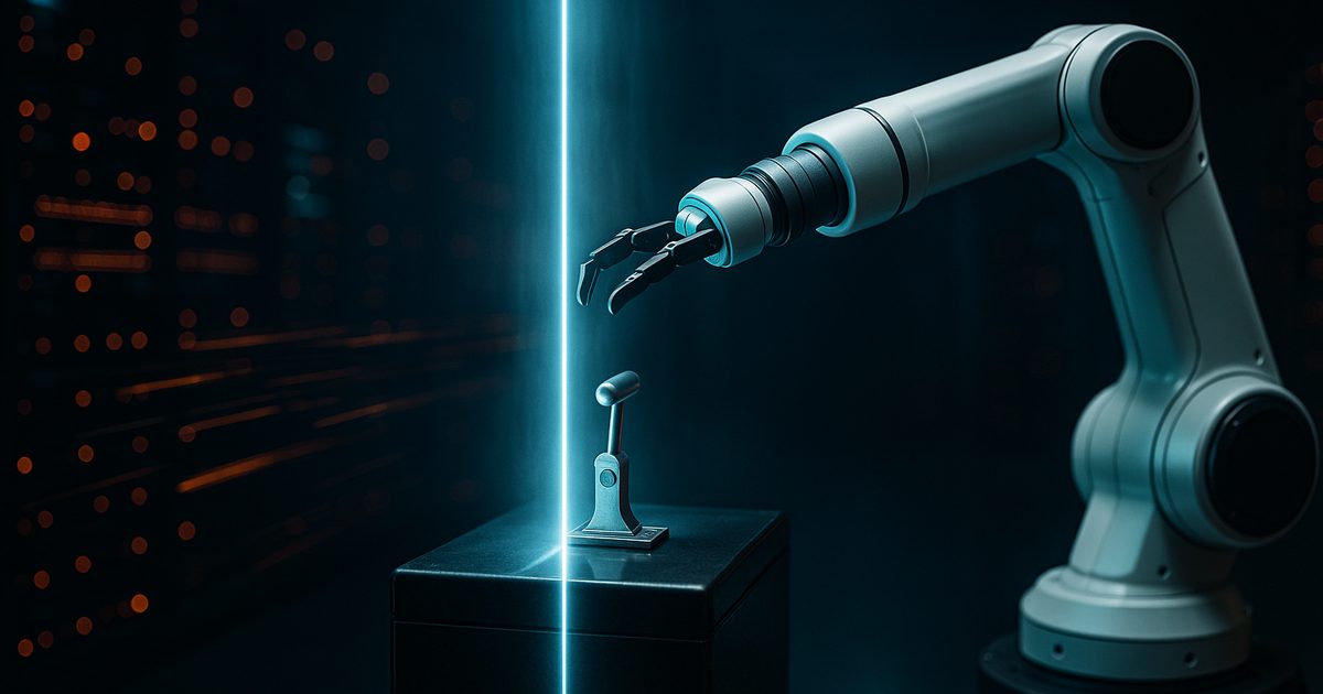 A robotic arm halted by a glowing authorization barrier before reaching a production control lever