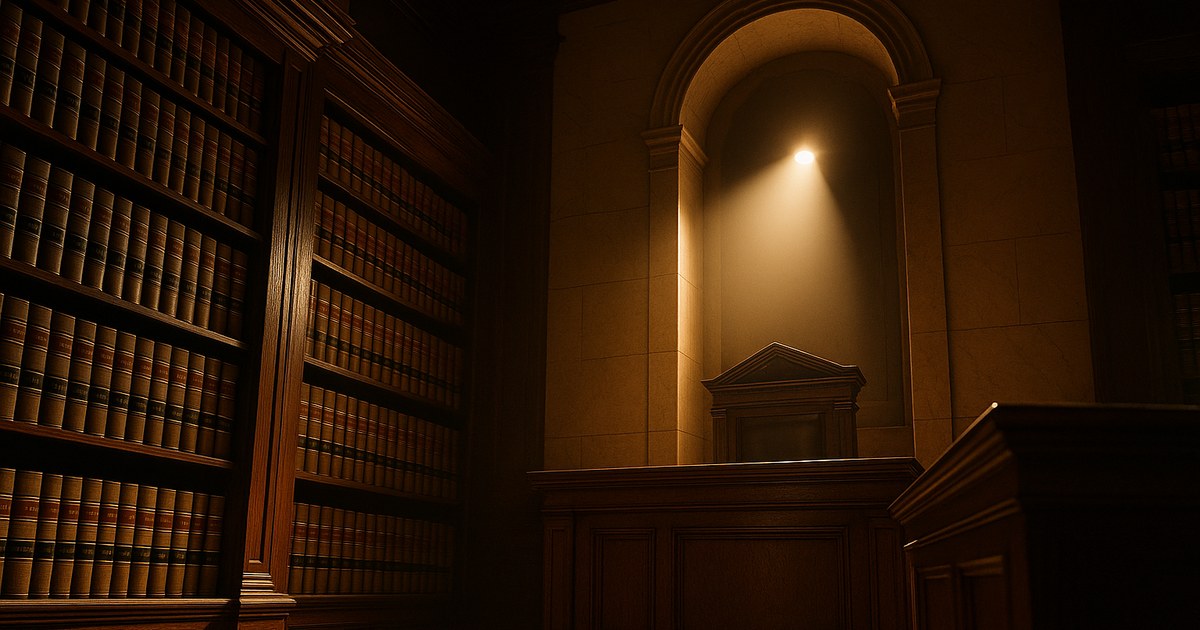 A dim wood-panelled courtroom with shelves of legal volumes and a single lit alcove above the bench - the decision evidence regulators actually ask for