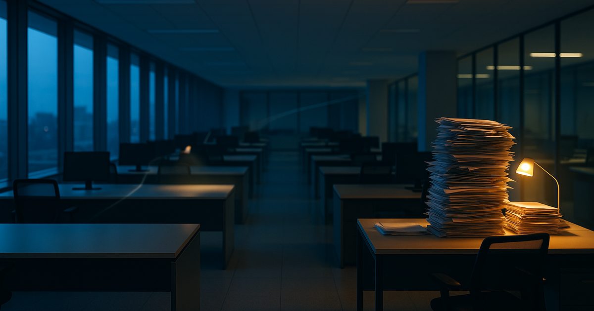 An office of cleared, empty desks at blue hour with one warmly lit desk buried under a tall stack of paper