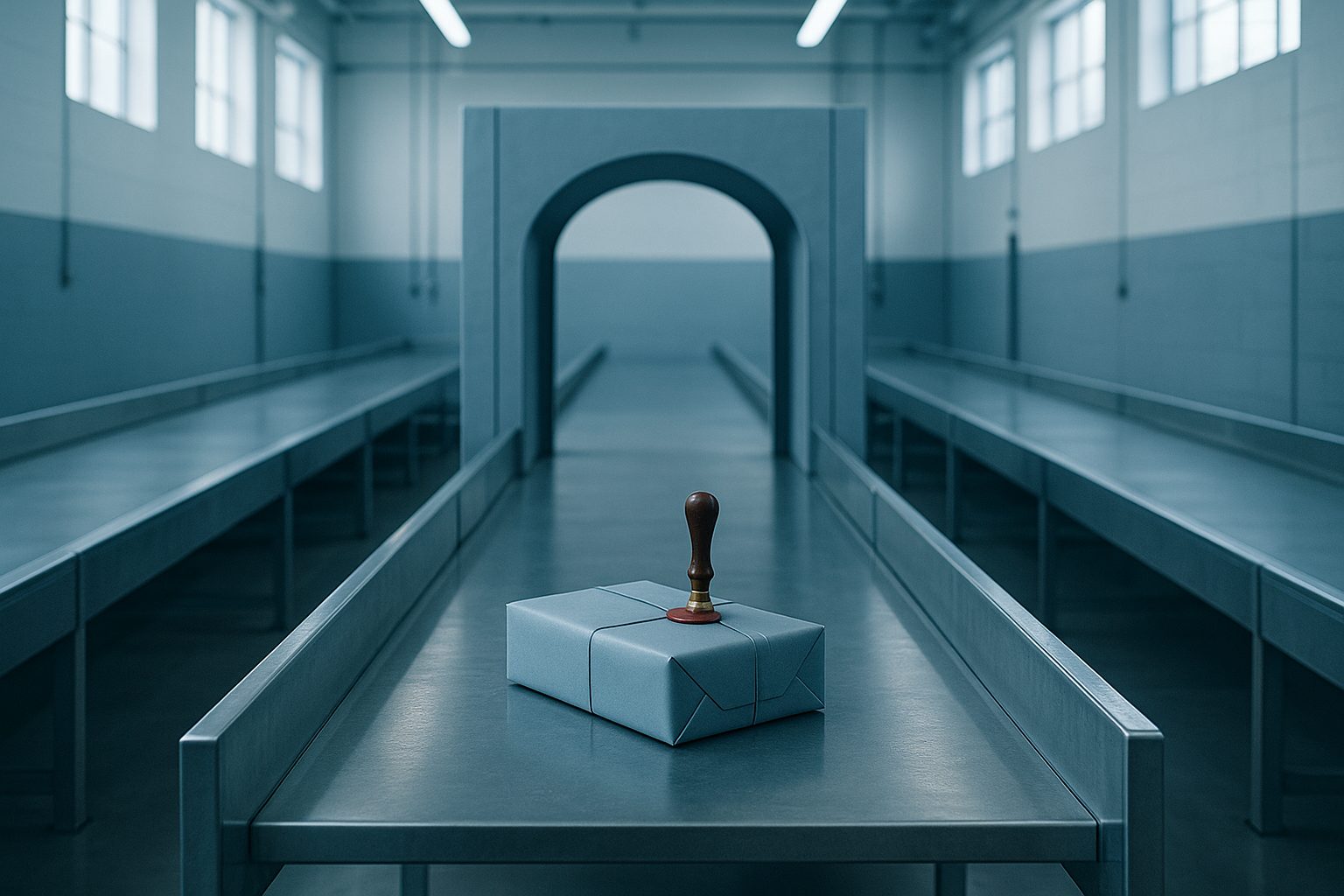 Three inspection lanes converging into a single archway, with a wax-sealed parcel stamped on the counter