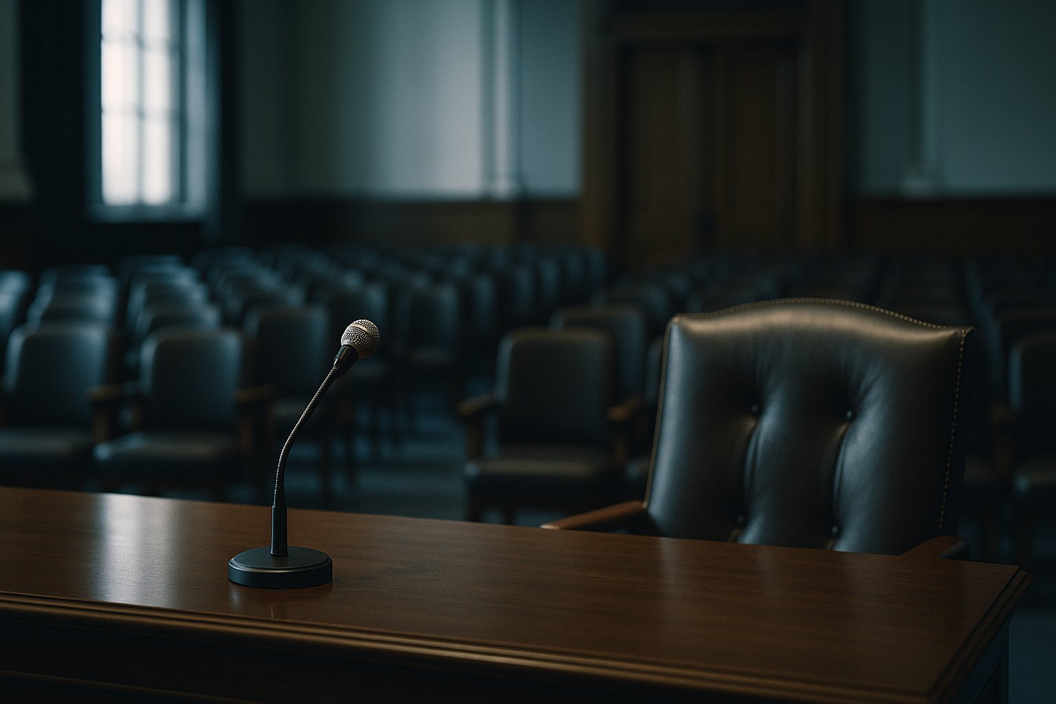 An empty regulatory hearing room with a single witness microphone and an empty chair — evoking the unanswered question of why an AI made its decision.