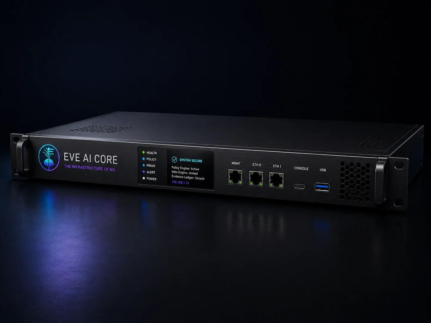 Concept render of the EVE CoreGuard appliance — front three-quarter view showing the status display and front-panel network interfaces.