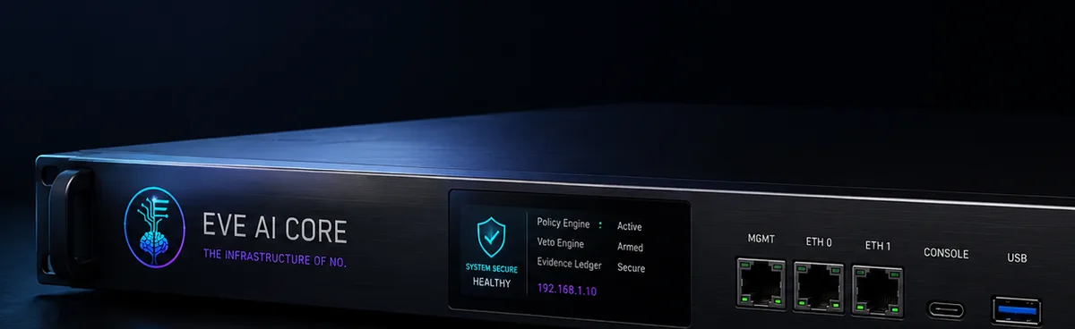 Concept render detail of the EVE CoreGuard appliance front panel: status display and network interfaces.