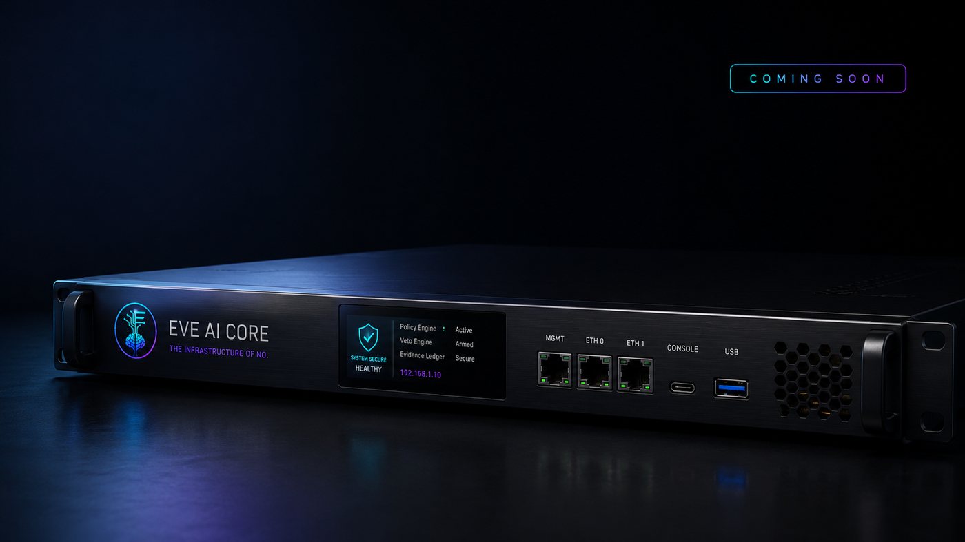 Concept render of the EVE CoreGuard deterministic AI governance appliance.