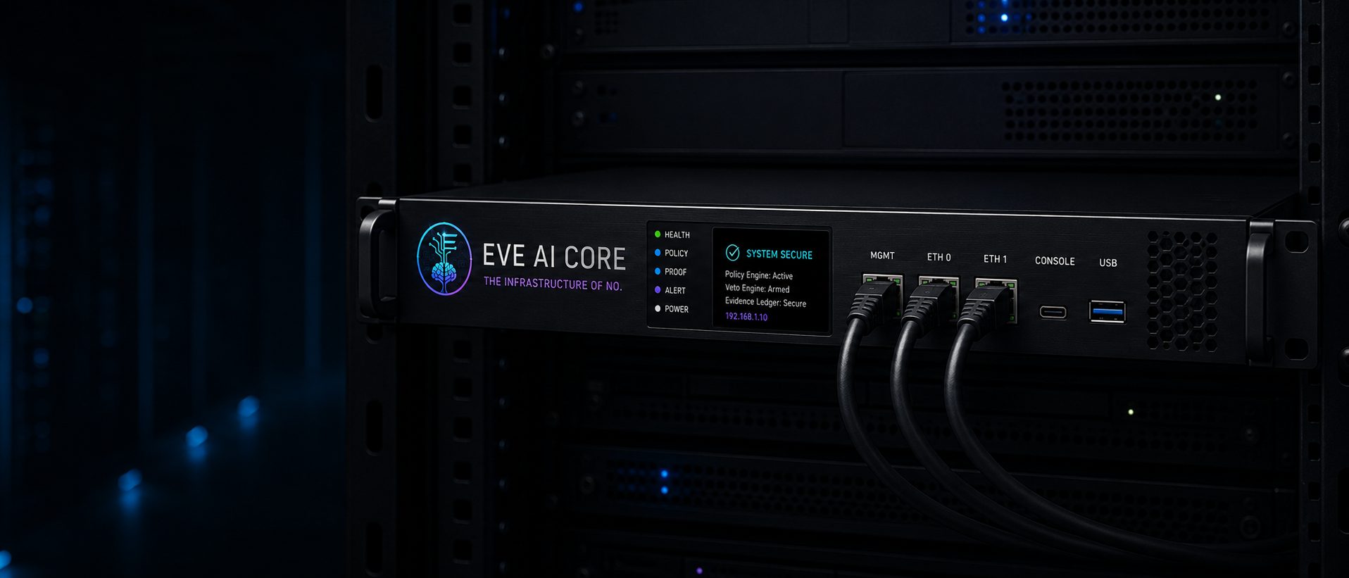 EVE Sidecar egress governance gateway: a rack-mounted EVE AI Core appliance with a SYSTEM SECURE status panel and network cables in a data-center rack.